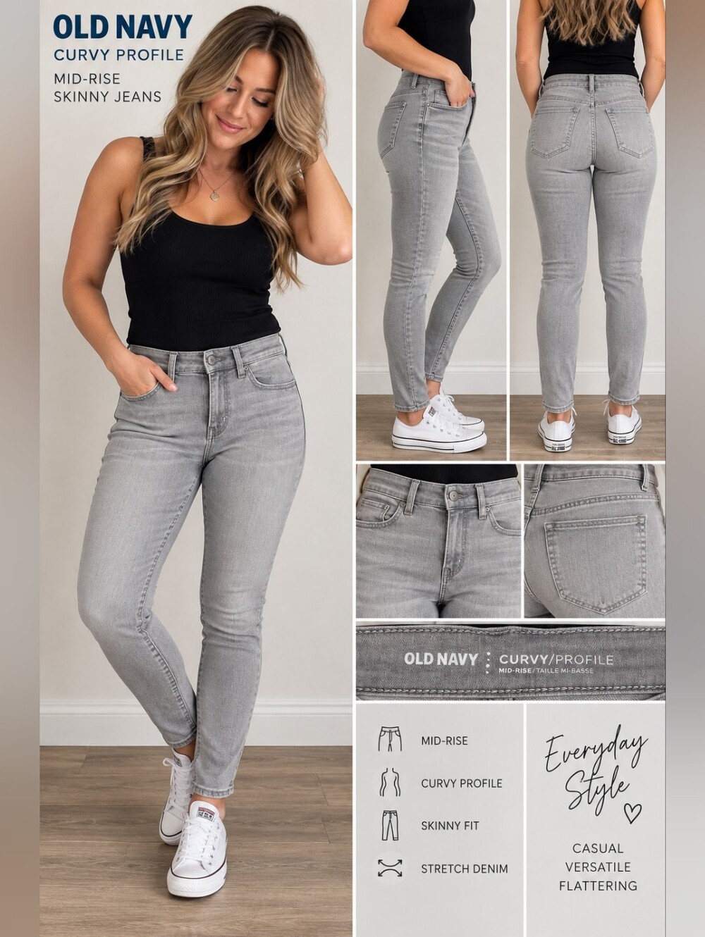 Old Navy Curvy Profile Women’s Size 8 Gray Skinny Jeans Mid Rise Stretch 28” Ins